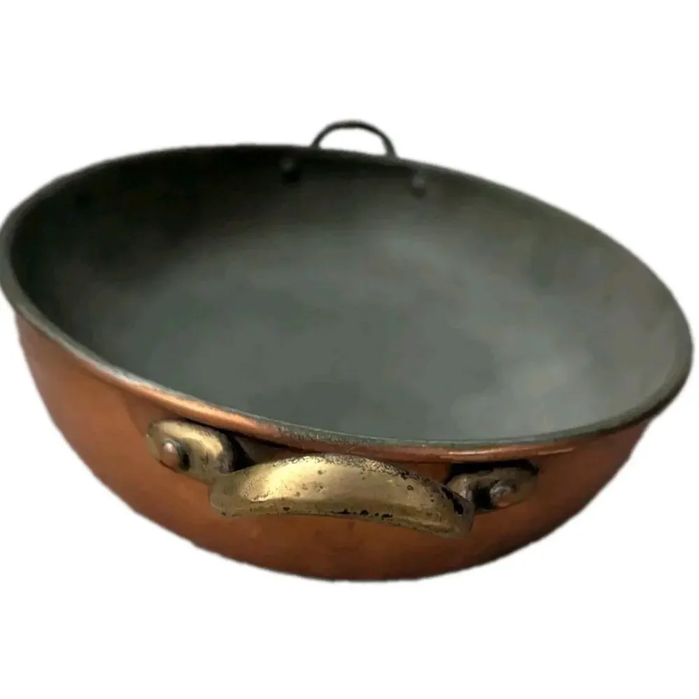 Vtg Copper Oval Gratin Pan Tin Lined Brass Handles Hammered Roasting Baking Dish